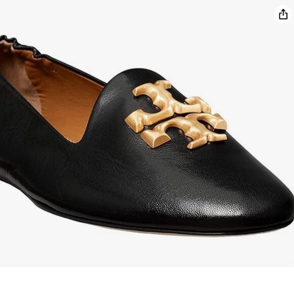 Brand New Tory Burch Women sz 6 Black Leather Eleanor Logo Buckle Flats 84922 - Picture 1 of 5